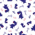 Seamless dinosaur pattern. Animal white background with dark blue dino. Vector illustration. Royalty Free Stock Photo